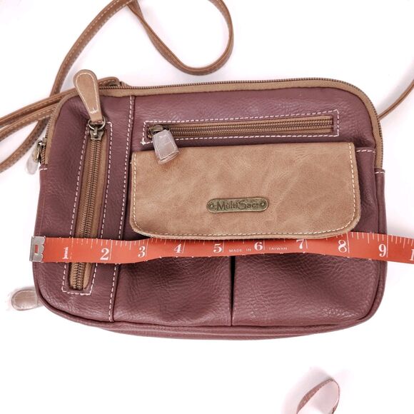 MultiSac Zippy Triple Compartment Two Tone Tan & Wine Adjustable Crossbody EUC - Picture 11 of 13